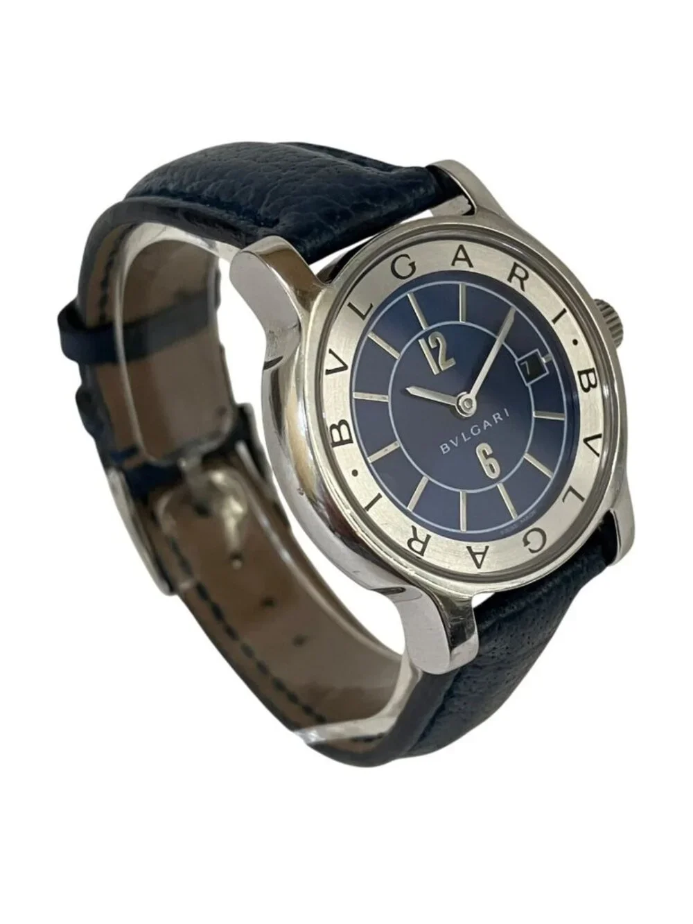 Bvlgari Solo Tempo Watch SS Leather Quartz Blue Dial